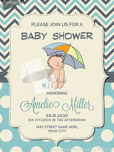Image of Beautiful baby boy shower card with little baby under umbrella