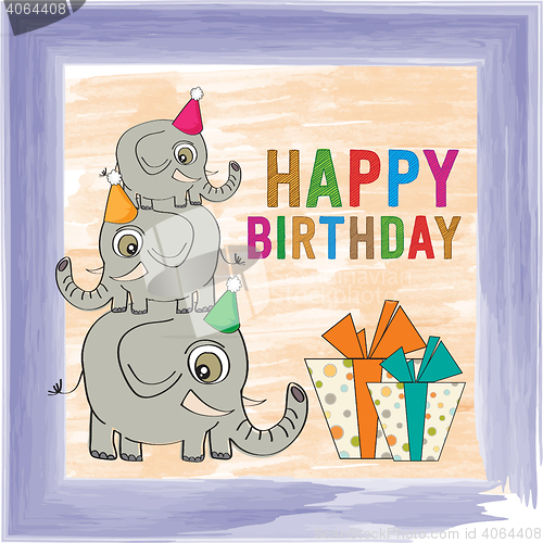 Image of childish birthday card with funny elephants