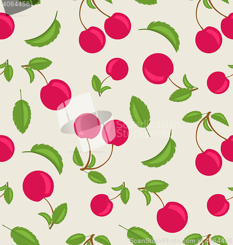 Image of Vintage Seamless Wallpaper of Cherries with Green Leaves