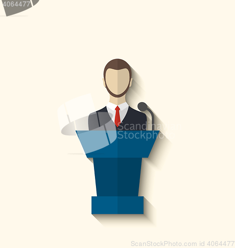 Image of Flat icon of orator speaking from rostrum, long shadow style