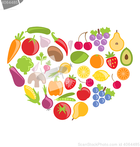 Image of Set Colorful Vegetables and Fruits in Heart Shape