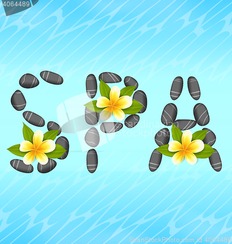 Image of Lettering spa made ??of pebbles and frangipani flowers (plum