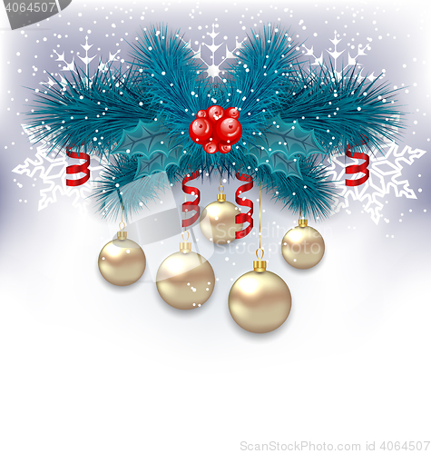 Image of New Year background with fir branches and glass balls