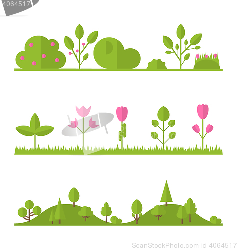 Image of Collection set flat icons tree, garden bush