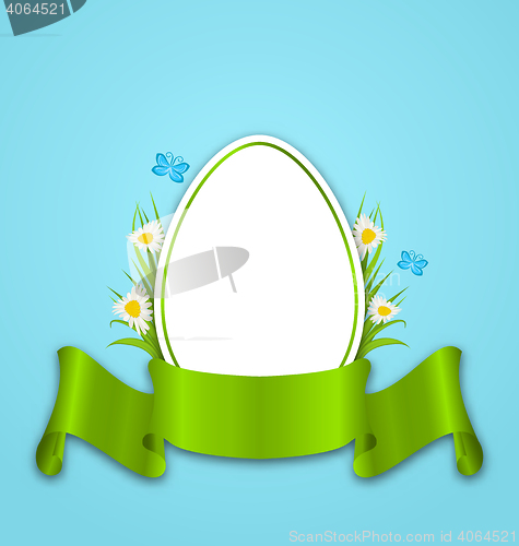 Image of Easter paper egg with flowers daisy, grass, butterfly and ribbon