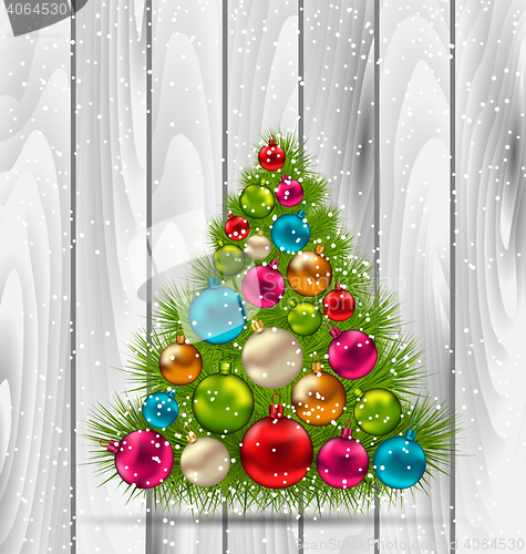 Image of Christmas Tree and Colorful Balls on Wooden