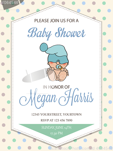 Image of delicate baby boy shower card with little baby