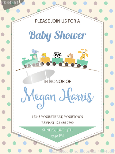 Image of delicate baby boy shower card with toy train