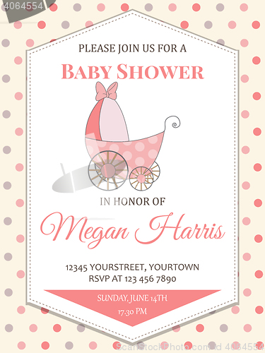 Image of delicate baby girl shower card with stroller