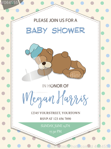 Image of delicate baby boy shower card with little teddy bear