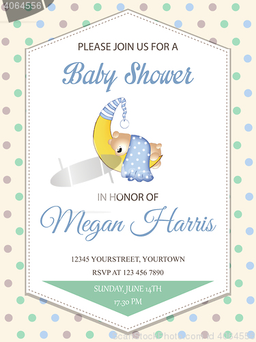 Image of delicate baby boy shower card with little teddy bear