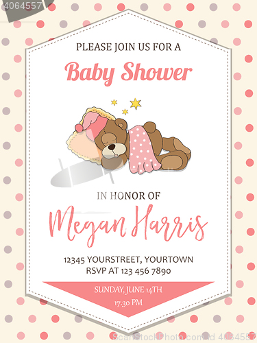 Image of delicate baby girl  shower card with little teddy bear