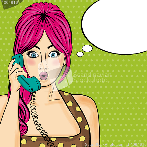 Image of Pop art  woman chatting on retro phone . Comic woman with speech