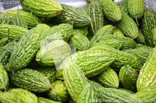 Image of Pile of bitter melons on market in Little India district