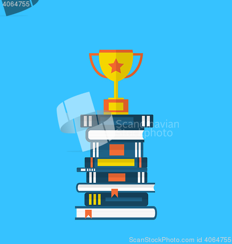 Image of Flat icons of heap textbooks and cup of award