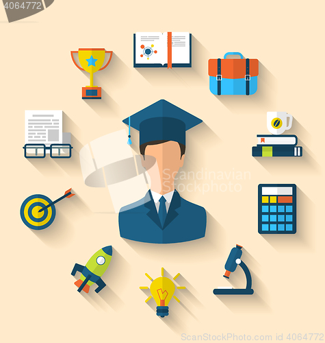 Image of Flat icons of magister and objects for high school and college e