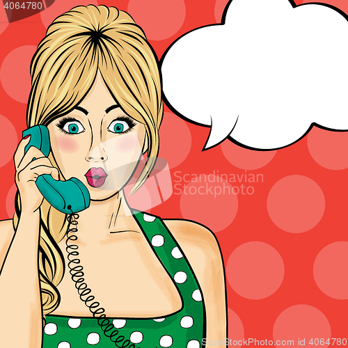 Image of Pop art  woman chatting on retro phone . Comic woman with speech