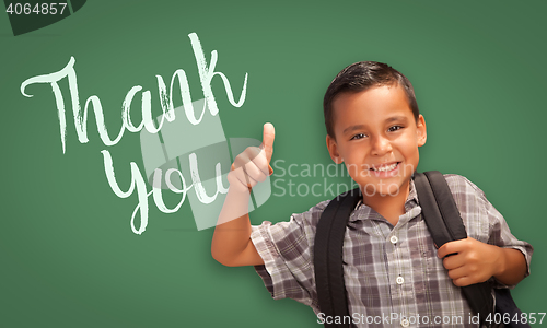 Image of Hispanic Boy with Thumbs Up in Front of Chalk Board with Thank Y