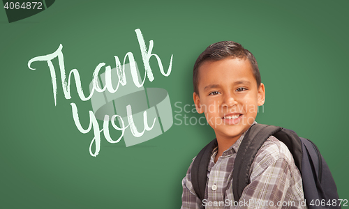 Image of Hispanic Boy in Front of Chalk Board with Thank You Written On I