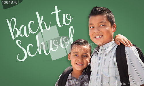 Image of Hispanic Boys Wearing Backpacks In Front of Back To School Writt