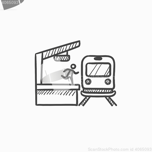 Image of Man runs along train station platform sketch icon.