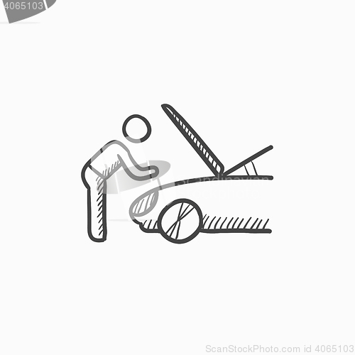 Image of Man fixing car sketch icon.