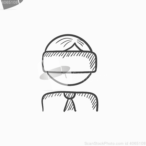 Image of Man wearing virtual reality headset sketch icon.