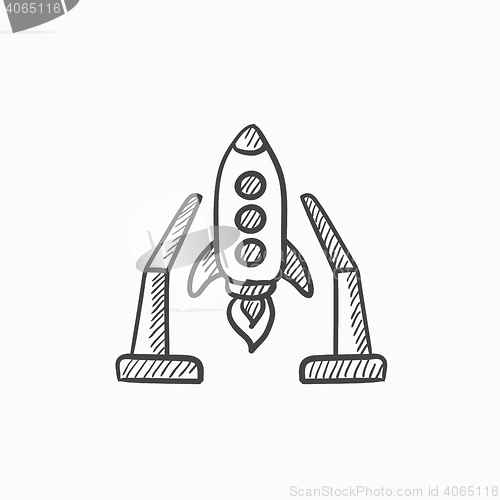 Image of Space shuttle on take-off area sketch icon.