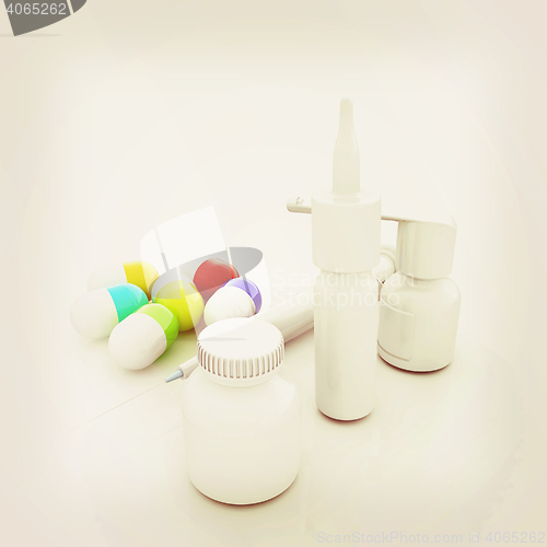 Image of Syringe, tablet, pill jar. 3D illustration. 3D illustration. Vin