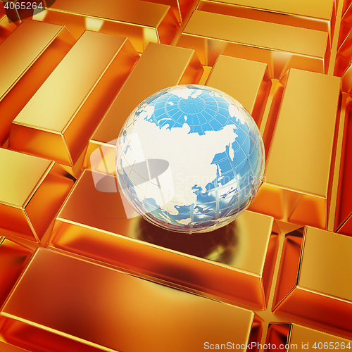 Image of Earth and gold bars. 3D illustration. Vintage style.