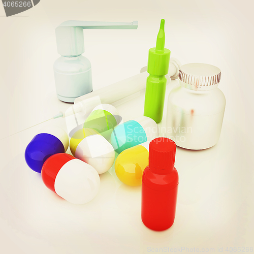 Image of Syringe, tablet, pill jar. 3D illustration. 3D illustration. Vin