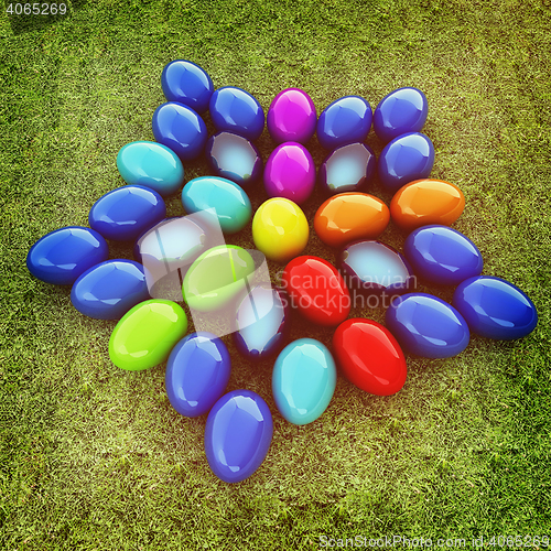 Image of Colored Easter eggs as a flower on a green grass. 3D illustratio