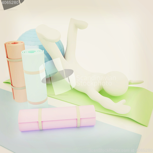 Image of 3d man on a karemat with fitness ball. 3D illustration. 3D illus