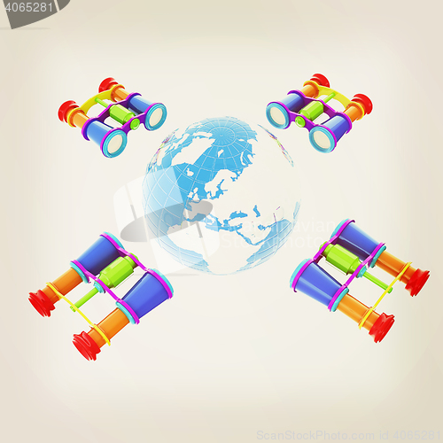 Image of binoculars around earth. 3D illustration. Vintage style.