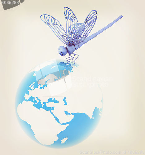 Image of Dragonfly on earth. 3D illustration. Vintage style.