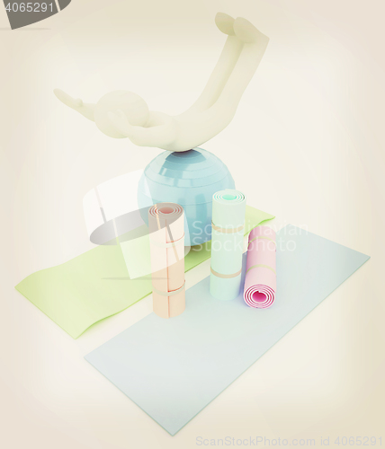 Image of 3d man on a karemat with fitness ball. 3D illustration. 3D illus