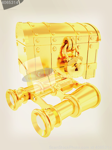 Image of binoculars and chest. 3D illustration. Vintage style.