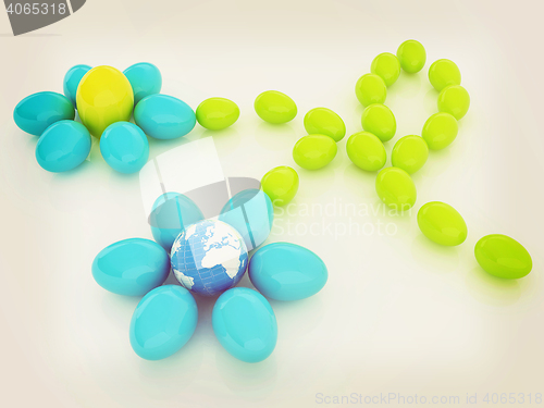 Image of Eggs in the shape of a flower with Earth. Global holiday concept