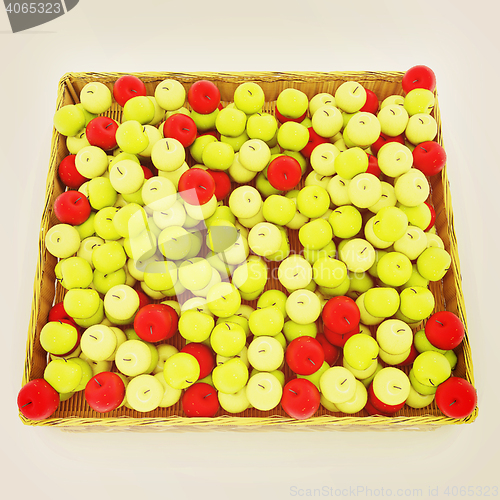 Image of Wicker basket full of apples isolated on white. 3D illustration.