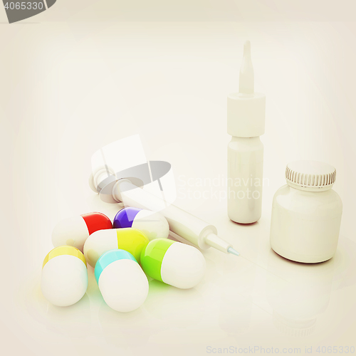 Image of Syringe, tablet, pill jar. 3D illustration. 3D illustration. Vin