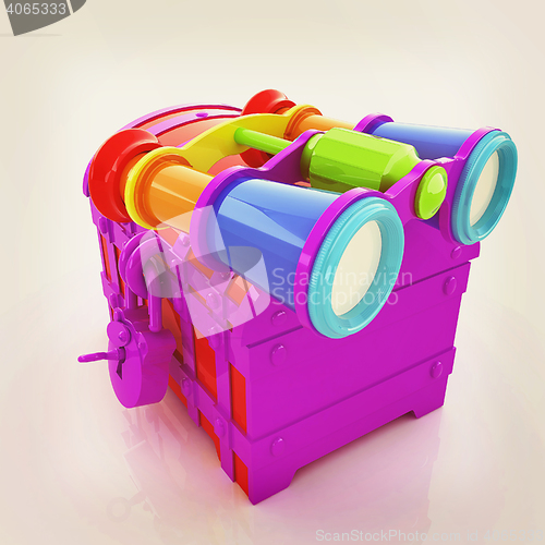 Image of binoculars and chest. 3D illustration. Vintage style.