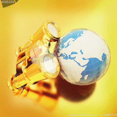 Image of binocular around earth. 3D illustration. Vintage style.