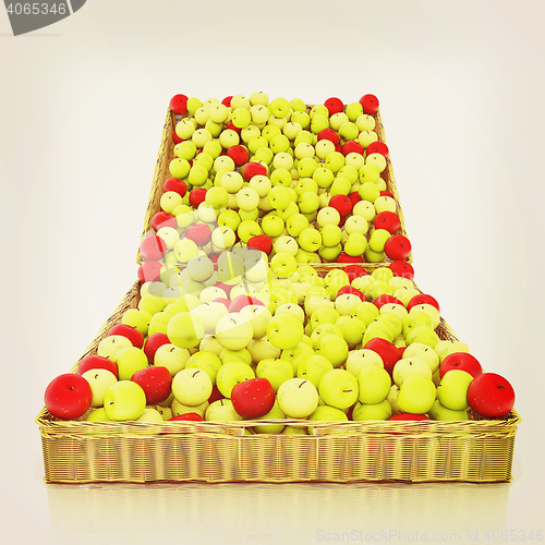 Image of Wicker basket full of apples isolated on white. 3D illustration.