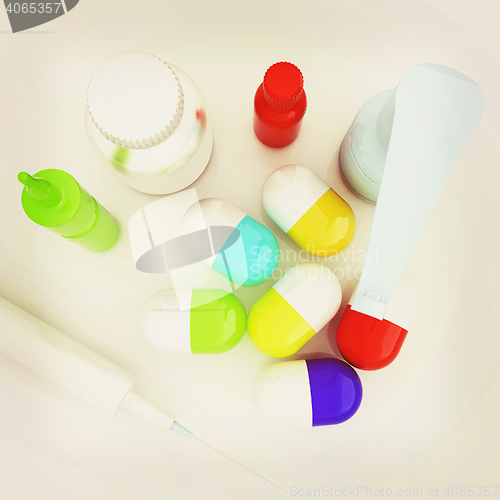 Image of Syringe, tablet, pill jar. 3D illustration. 3D illustration. Vin