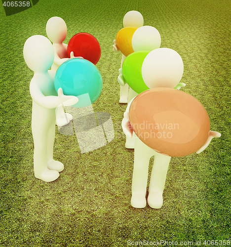 Image of 3d small persons holds the big Easter egg in a hand. 3d image. O