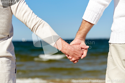 Image of close up of senior couple holding hands on beach