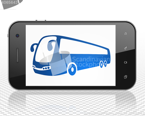 Image of Tourism concept: Smartphone with Bus on display
