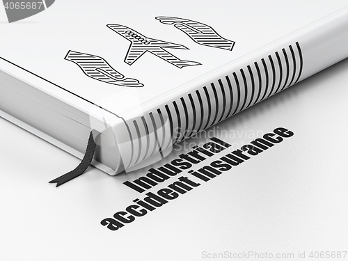 Image of Insurance concept: book Airplane And Palm, Industrial Accident Insurance on white background