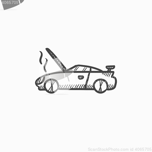 Image of Broken car with open hood sketch icon.