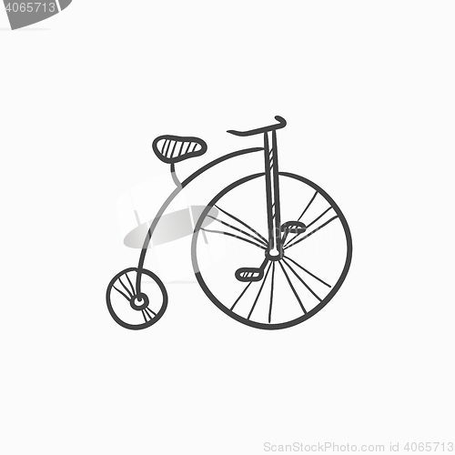 Image of Old bicycle with big wheel sketch icon.